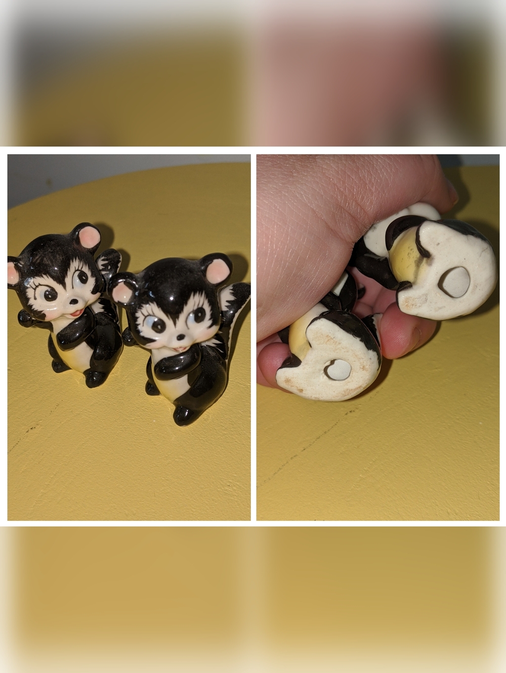 Vintage Kitsch Porcelain Black & Cream Skunk Figurines - Made In Japan
